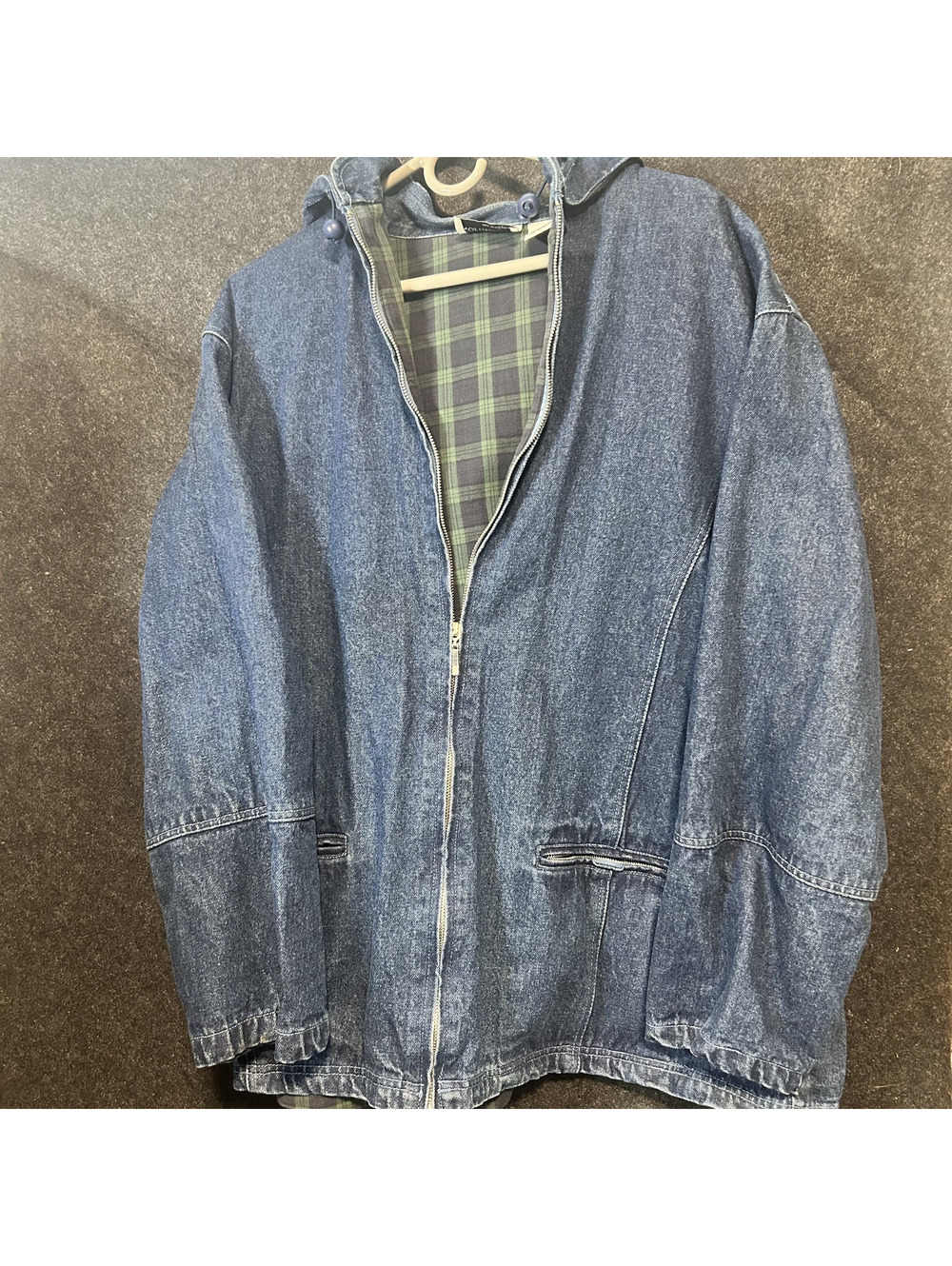 Vintage NorthStyle Denim Jacket Womens 2X Plaid Lined Hooded Zip Up Coat